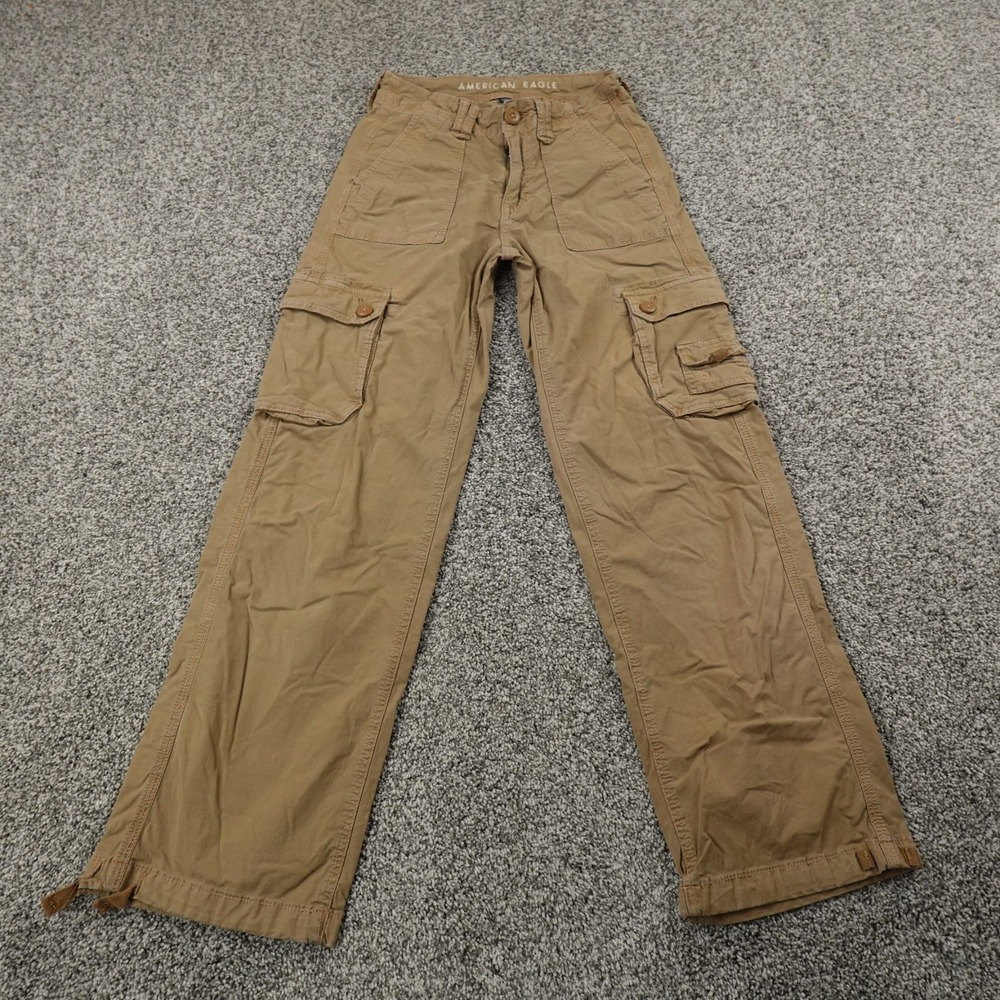American Eagle Pants Women 000 Brown Cargo Mid Rise Baggy Jogger Stretch Flex AE